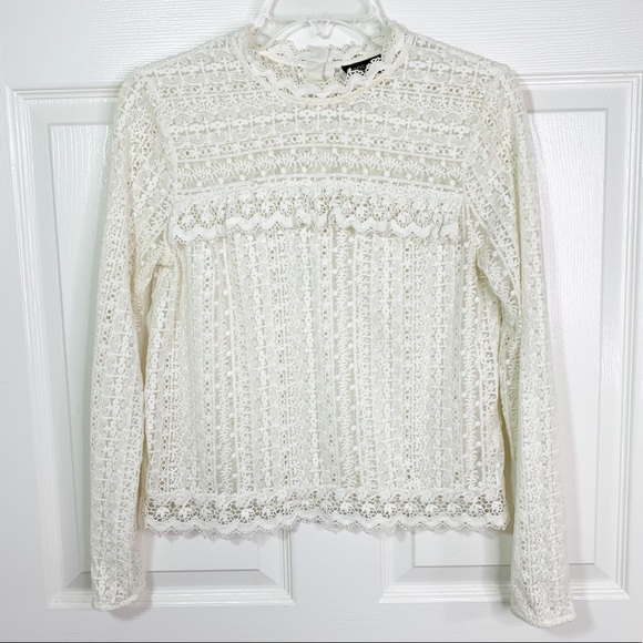 Topshop Embroidered Lace Mock Neck LS Top - Picture 1 of 9
